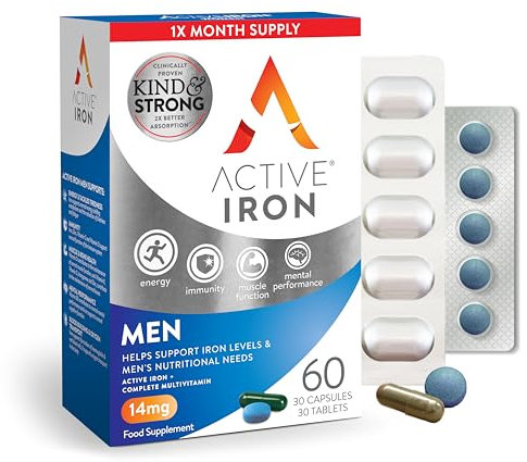 Active Iron Supplement 14 mg + Multivitamin for Men – Clinically Proven to Increase Energy & Reduce Tiredness – Gentle, Non-Constipating Iron + Men’s Multivitamin – 30 Capsules + 30 Tablets