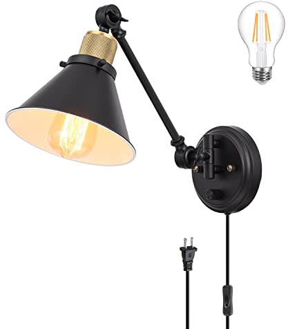 TRLIFE Wall Sconce Plug in, Dimmable Wall Sconce Wall Lights with Plug in Cord and Dimmer On/Off Knob Switch, Swing Arm Wall Light for Bedside Bedroom Stairway Living Room(1 Pack, 1 Bulb Included)
