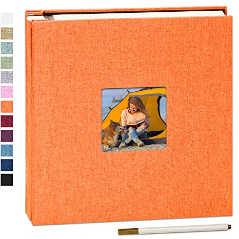 Yopih Self Adhesive Photo Album with Window, 40 Pages, 33x32cm, Orange | Linen Cover, Photo Scrapbook, Metallic Pen, Photos 10X15 13X18 15X20 20X25 Cm, Wedding Baby Family