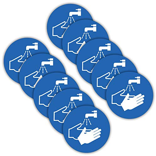 10 Stück Hände desinfizieren/waschen Aufkleber Ø 9,5cm Sticker Gebotszeichen mit UV Schutz für Außen-und Innenbereich von STROBO