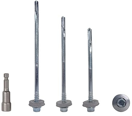 Marcopol (Förpackning med 100 st) Zinkpläterat stål, sexkantshuvud självborrande 5,5 x 70 mm skruvar med EPDM-brickor för fixering av smörgåspaneler (100, 5,5 x 70 mm), silver