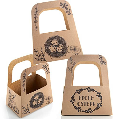 Osternester zum Befüllen, 3 Stück: Kleine Osterkörbchen für Kinder & Erwachsene, Kraftpapier-Tüten mit Henkel & Ostermotiven, Ideal als Geschenktüten für Ostern, Made in Germany, 17,5 x 14,5 x 10 cm