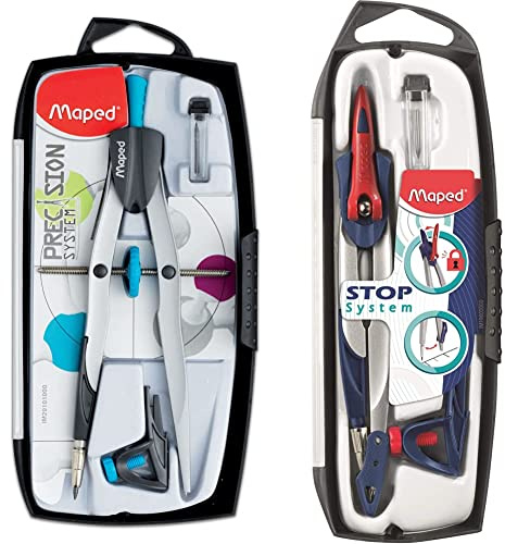 Maped - Compas de dessin technique - Boîte de système de précision avec 3 pièces - Compas avec grande moustache & Coffret Compas Maped Stop System 3 pièces - Système de Verrouillage Breveté