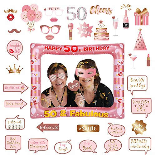 Decoraciones de cumpleaños número 50 para mujer, marco inflable de oro rosa para selfies y 38 accesorios para cabina de fotos de 50 cumpleaños, marco inflable gigante para cabina de fotos para hombres