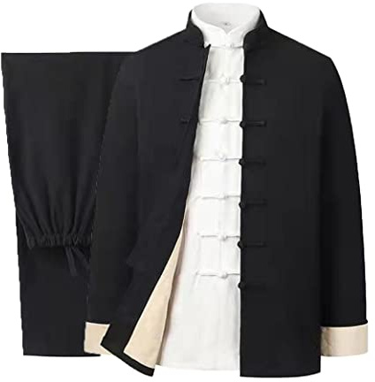 Baumwolle Leinen Tai Chi Uniform Set Tang Anzug Chinesische Traditionelle Kleidung Herren Kampfkunst Kleidung Atmungsaktiv Langarm Mantel Tops Hose, Kung Fu Uniform Zen Meditati, Schwarz , M/L