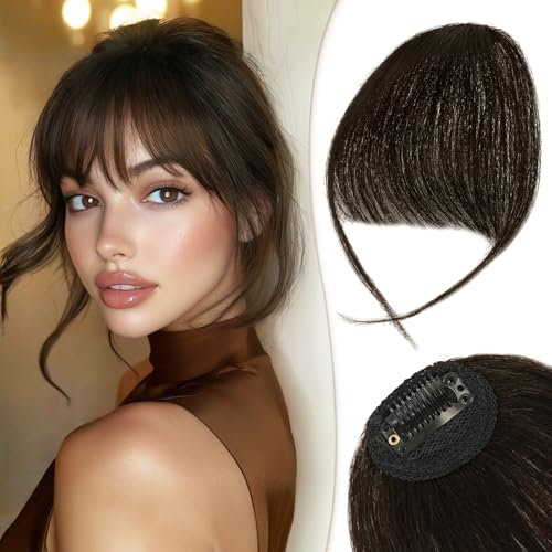 RUWISS Clip in Pony 100% Haarteil Echthaar Clip in Bangs mit Schläfen Remy Echthaar Fringe Bangs für Frauen Pony Extension Echthaar für Damen(Braun Schwarz)