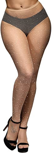 WLLHYF Bas résille scintillants taille haute pour femme avec strass et paillettes, Couleur chair, taille unique