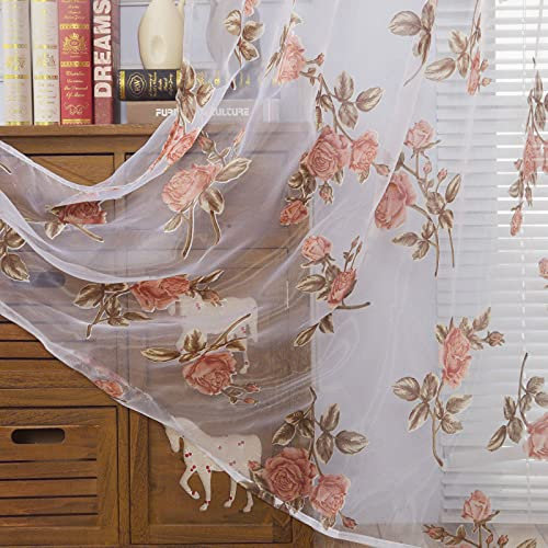 Deeprove Rose Sheer Curtains 84 Inches Length 2 Panels Set, Florals Print Window Treatment Privacy Drapes Pair for Bedroom, Living Room, Girls' Nursery Room, Top Rod Pocket, W52 x L84, Pink