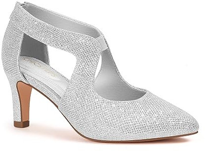 ChicSteps Damen-Pumps, bequeme geschlossene Zehenpartie, 7,6 cm, Kätzchen-Absätze, niedrige Absätze für Arbeit, Büro, Hochzeit und elegante Anlässe, elegante Schuhe für Damen, silber, 42 EU