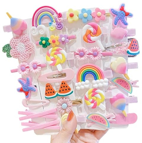 28 Piezas Lindas Pinzas para el Cabello Moda Niñas Accesorios para el Cabello Flor Fruta Colorido Arco Iris Dulce Postre Conjunto de Lindas Pinzas para el Cabello Animal Clips de Metal (Rosa)