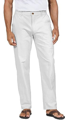 YAOHUOLE Mens Cotton Linen Trousers Classic Fit TrousersElasticated Waist Summer Beach Trousers with Pockets White 3XL