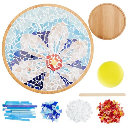 WEBEEDY Kit Fai da Te per Mosaico con Sottobicchieri in Bambù - per Adulti e Principianti, Piastrelle in Vetro Stile Blu con Base Rotonda per Sottobicchiere Fatto a Mano