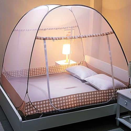 Moustiquaire pliable – Portable pour voyage, double porte pop-up, grande pour lit, chambre à coucher, extérieur, camping, pique-nique (marron, 200 x 150 x 150 cm)