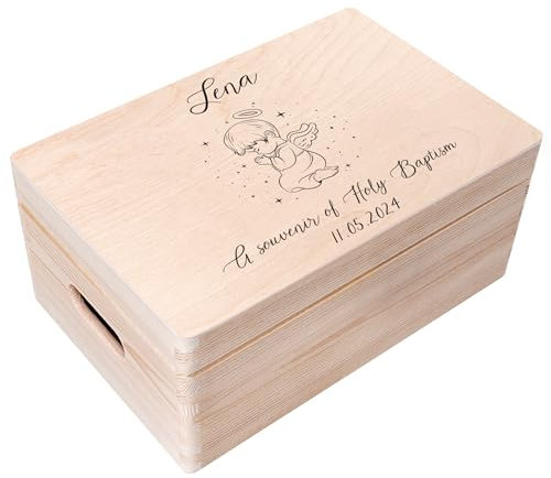 Creative Deco Personalisiert zur Taufe Geschenk für Mädchen und Junge | Engel Motiv | Holzkiste Erinnerungsbox Deko | Individuelles Geschenk Spielzeugkiste Holzbox mit Deckel | Spardose