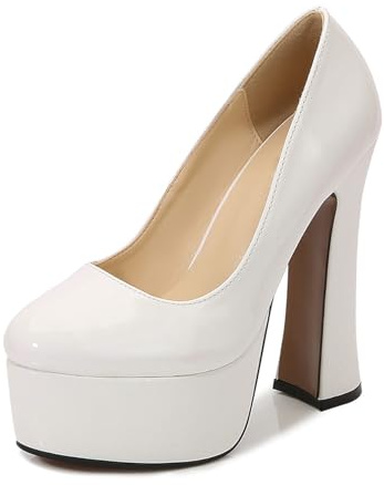 14CM / 5.51IN Zapatos de tacón Grueso para Mujer Zapatos de Plataforma Zapatos de tacón de Bloque de Punta Cerrada Vestido Tacón Alto Fiesta de Bodas Oficina Zapatos de tacón Alto,Blanco,38 EU