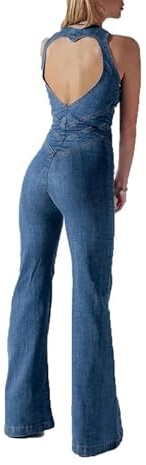 Flared jeansoverall för kvinnor sexig rygglös smal denim långa byxor ärmlös lös lös jeansoverall, 5 st, L