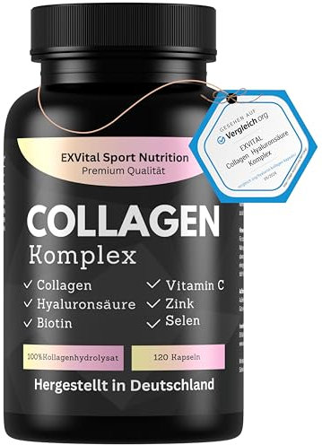 Collagen Hyaluronsäure Komplex, 120 Collagen Kapseln vom Weiderind, angereichert mit Biotin, Vitamin C, B2, Zink & Selen, 1000mg Collagenhydrolysat pro Tag