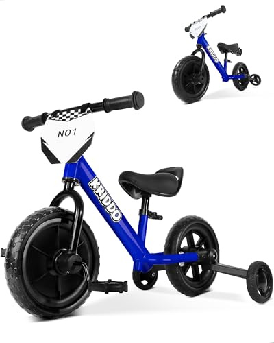KRIDDO 2-in-1 Kids Tricycle and Toddler Balance Bike 2 Year Old, Detachable Pedals and Stowable Training Wheels, DIY Plate, Riding Trikes Toy for Ages 18 Months to 3 Years, Blue