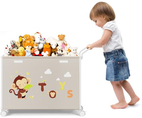 BBLIKE Toy Box with Lids on Wheels - Large Toy Storage Boxes with Push Handle Cartoon Kids Toy Organizer Fabric Toy Chest for Boys, Girls, Clothes, Books, Nursery (Beige)
