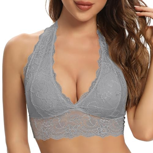 SHEKINI Reggiseno Bralette con allacciatura al collo da donna in pizzo con fiori, Bustier Crop Top, reggiseno triangolare senza ferretto, imbottito rimovibile, scollatura profonda, Corset Top