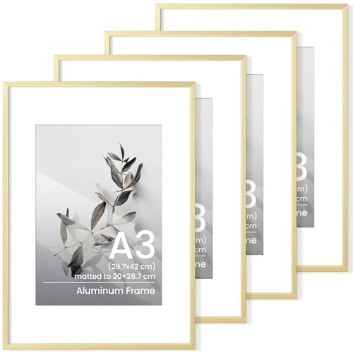 A3 Picture Frame, 4 Pack Gold Aluminum A3(30x42 cm) Photo Frame, A3 Frame with Mount for A4(21x29.7 cm) Print, Wall Mounting A3 Poster Documents Certificate Frame for Home Family Office