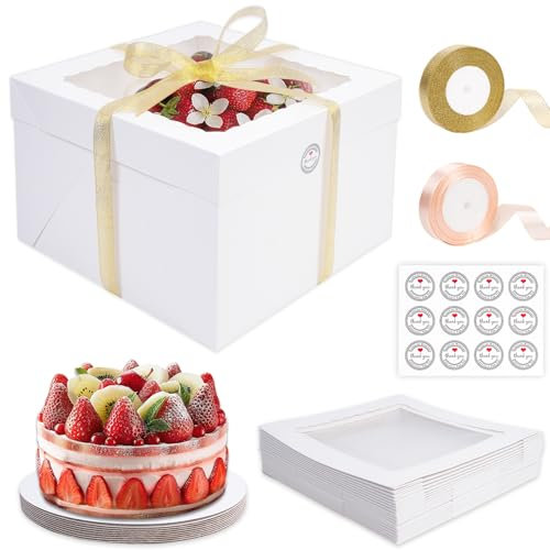 KOMABLEN 10 Pièces Blanches Boite a Gateau Carton, 30,5x30,5x20,3cm Boite Transport Gateau avec Fenêtre, Boite Layer Cake avec Ruban Boite Patisserie pour Gateau et Biscuits