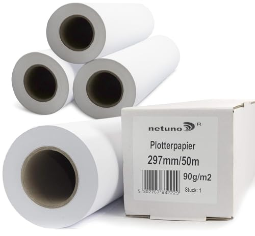Netuno 4 rullar plotterpapper vit 90 g 297 mm x 50 m 50 mm 2 tum kärna ritrullar matt bläckstråleskrivare standardrulle för storformatskrivare kopiatorer byggplaner tekniska ritningar teknisk papper