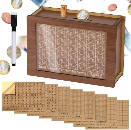 Alyvisun Salvadanaio €5000 in Legno con Adesivi e Pennarello, Money Box Riutilizzabile Conta Soldi Cash Box Salvadanaio con Obiettivo di Diversi Risparmio per Bambini e Adulti (500€-10000€)