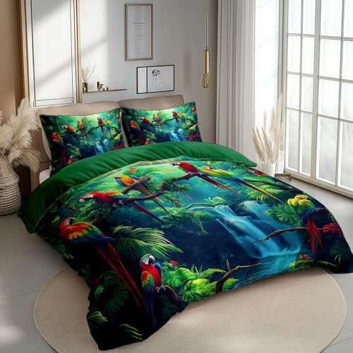 Bedding Set Duvet Cover Set Cot-bed for Kids Toddler- Colorful Parrots Tropical Forest Printed Quilted Comforter Cover with 1 Pillowcases, Forest Green, Microfiber, Zipper Closure, 2 Pieces
