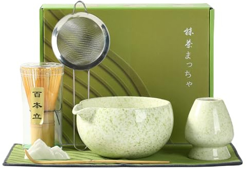 Coolpei Matcha Whisk Set, Ceramic Matcha Bowl with Spout, Bamboo Whisk, Scoop, Holder, Sifter, Tea Towel, 7-Piece Artisan Wave Matcha Kit Set for Making Breakfast/Latte, Round Green, Large