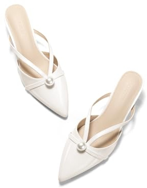 Coutgo Womens Pearl Kitten Heels Mules Closed Pointed Toe Sandals Satin Wedding Party Dress Shoes, White Patent Leather, Size 8.5
