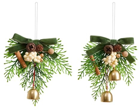 Decorazioni Natalizie con Fiocco e Campanellini, 2 Pezzi Campanelle da Appendere con Pigne e Rami di Pino, Addobbi Ornamento Albero di Natale per Ghirlande Fai Da Te, Decorazione di Finestre, Porte