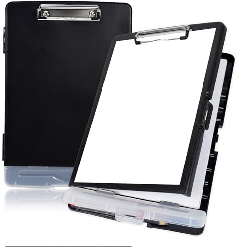 Marte Vanci Clipboard with Storage, Plastic A4 Nursing Clipboard Folder with Pen Holder, Heavy Duty Portable Writing Board Storage Box for A4 Letter Paper School Office Medical Black
