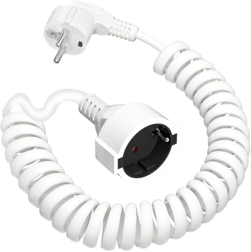 Skyddskontakt spiralförlängning, töjbar från 0,6 m till 3 m, skyddskontaktförlängning, (250V/16A) PVC-förlängningskabel, IP20, spiral-kabel med Schuko-kontakt & -hona (vit)