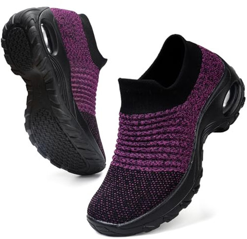 HKR Slip on Womens Trainers Walking Shoes Breathable Black Purple UK 5.5