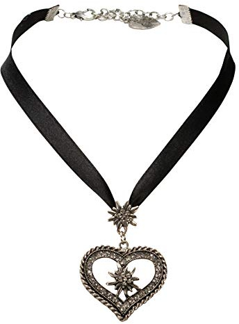 Alpenflüstern Bavarian satin ribbon necklace with rhinestone Edelweiss heart, Ladies costume jewelry, traditional german pendant necklace for Dirndl, Leather trouser, Oktoberfest (black)