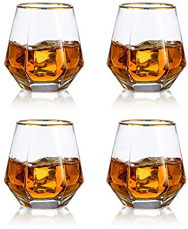 Glasseam Diamant lutat whiskyglas på 300 ml med modern look för män, kvinnor, pappa, make, vänner. Dricksglas för bourbon, rom och bar