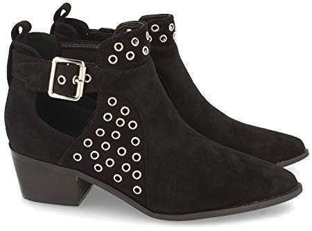 shoes&blues.es Botin de Mujer con Tacon, Estilo Casual, con Punta Fina, Tobillo Abierto, Tachas, y Cierre de Hebilla, Primavera Verano 2021