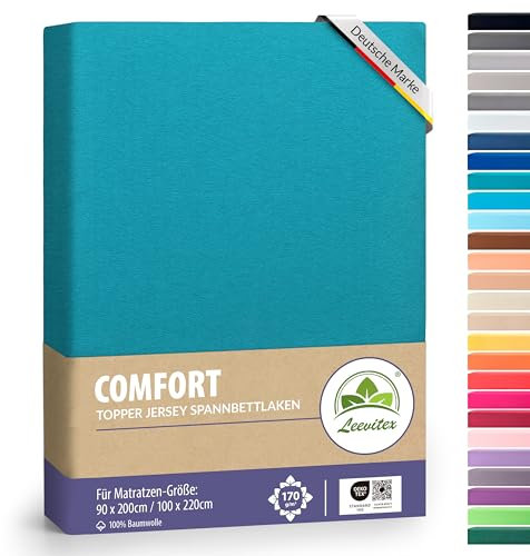 leevitex Premium Topper Boxspringbett Spannbettlaken | 100% Mako-Jersey-Baumwolle | ÖKO-TEX | 170g/m² | 90 x 200-100 x 220 cm | Petrol/Seegrün | 18 cm Steg