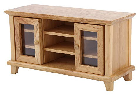 Decor Wooden TV Cabinet Set, 1:12 Miniature Furniture Tiny Bookcase Model Wall Barbie Furniture for Bedroom and Kitchen Gift (Wood Color)