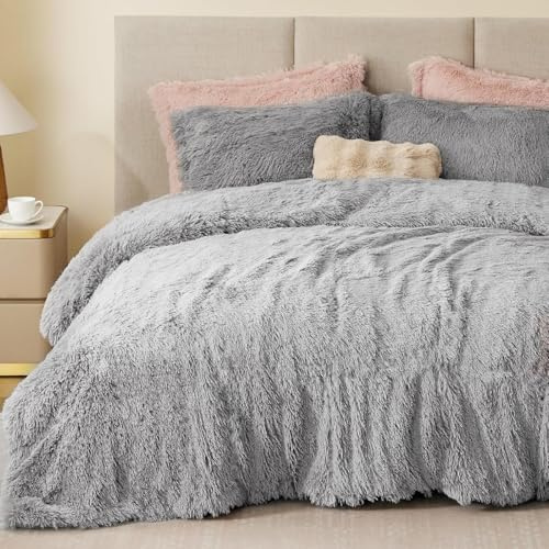Sacebeleu Ropa de cama de invierno 220x240cm Gris Gris claro Felpa Pelo largo Suave Franela Biber Funda de edredón Funda de edredón cálida y 2 fundas de almohada 80x80cm con cremallera