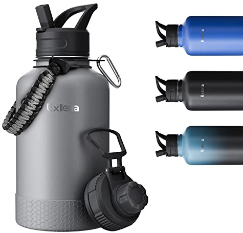 Exllena 2 Litre Stainless Steel Water Bottle, Double Insulated Water Bottles with Two Lids and Protective Silicone Boot, Paracord Handle Practical to Carry- Grey