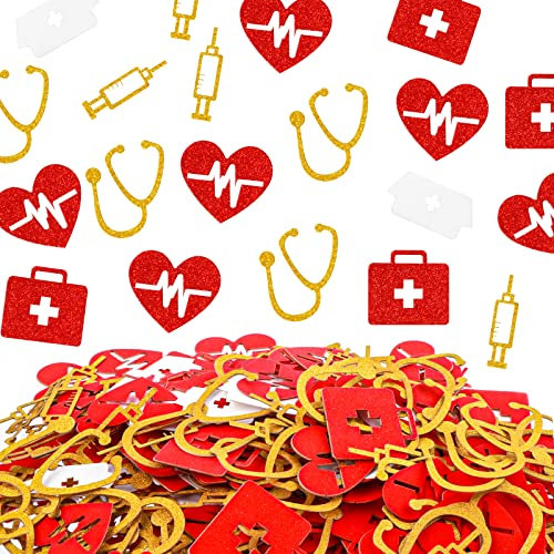 Prasacco Lot de 300 confettis d'infirmière – Or, rouge, blanc – remise de diplôme, fête – carton, papier – festif, paillettes – risque d'étouffement – petites pièces