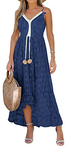 CUPSHE Robe d'été pour Femme Boho Maxi à Lacets avec Pompon col en V évasé à Volants Robes de Plage Royal Blue XL
