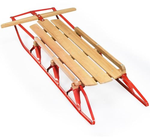 GOPLUS Holzschlitten, Schneeschlitten mit Metallkufen bis 150 kg belastbar, 137cm lang Davoser Rodel mit Lattensitz & Lenkstange für Kinder & Erwachsene, Rodelschlitten zur Dekoration, Rot+Natur