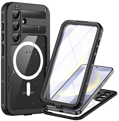 Focusor für Samsung Galaxy S24 5G Hülle Wasserdicht Kompatibel mit Magsafe, HandyHülle für Samsung S24 IP68 wasserdichte 360 Schutzhülle,Stoßfest Outdoor Panzerhülle mit Displayschutz,Schwarz