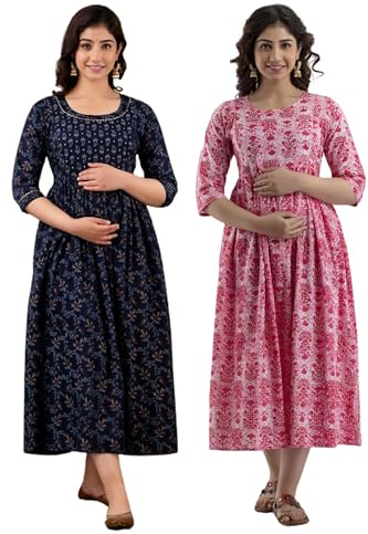MAGHMA Women Maternity Cotton Printed Feeding A-Line Kurti Dress for Women (Po2-Gown-005), Blue Booti / Pink, L