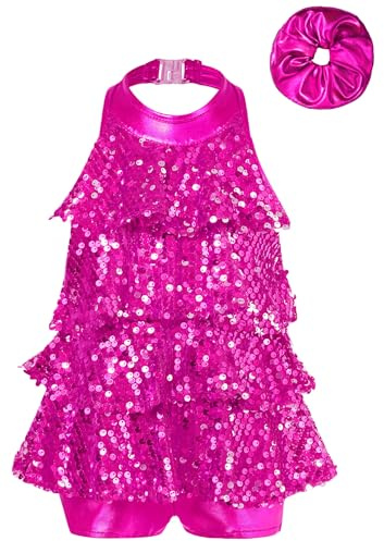 TiaoBug Maillot Lentejuelas De Baile para Niña Vestidos De Baile De Salón Leotardo Gimnasia Rítmica Traje De Danza Latino De Jazz Danza Moderno Rosa Oscuro 7-8 años