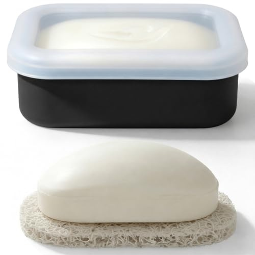 AIMAIAIMAI Enhanced Leak Proof Travel Soap Case, Compact Silicone Travel Soap Dish with Drainage Pad, Great for Gym, Camping, Bussines Trip (Black)