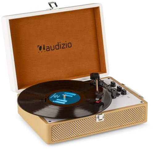 Audizio RP119 portfölj vinylspelare med Bluetooth in/ut – guld | 3-växlad skivspelare, inbyggda högtalare, RCA-utgång | bärbar Bluetooth-skivspelare, elegant design